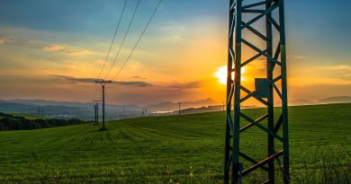 column, meadow, city, field grass, nature, view, sun, sunset, sky, columns, wires, electricity, clouds